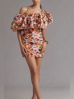 Elliatt Elira linen blend floral ruffled ruched mini dress SZ L NWT